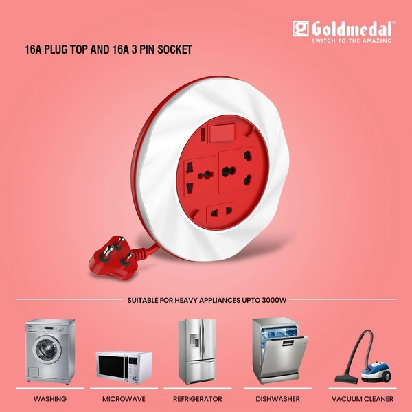 GOLDMEDAL Goldmedal Twister 16A 3-Pin Cable Extension Cord (White and Red) Pack of 1, 3.5-Meter Cable, Master Switch with Indicator, 6/16A Universal Socket, International Socket & 2 Pin Socket,250Volts