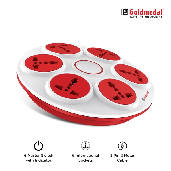 GOLDMEDAL Goldmedal 360 Degree Power Strip (White) – Pack of 1, 6-Outlet International Sockets, 3-pin 2 Meter Cable, Master Switch with LED Light Indicator and Overload Protector for Home & Office