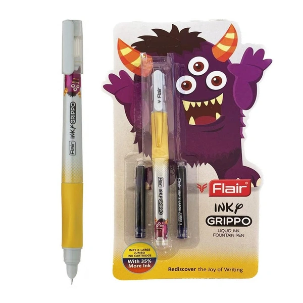 FLAIR Inky Series Grippo Liquid Ink Fountain Pen Blister Pack | Free 2 Pieces X-Large Jumbo Cartridges With Each Pack