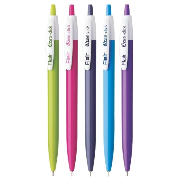 FLAIR Ezee Click 0.7 Ball Pen Pouch Pack | Retractable Mechanism With Comfortable Grip For Smooth Writing | Different Playful Body Colors | Blue Ink