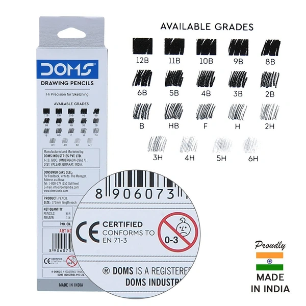 Doms Drawing & Sketching Graphite Pencils - Grade HB, 2B, 4B, 6B, 8B & 10B | Hi Precision For Sketching | Dark & Neat Drawing | Comes With 1 Eraser