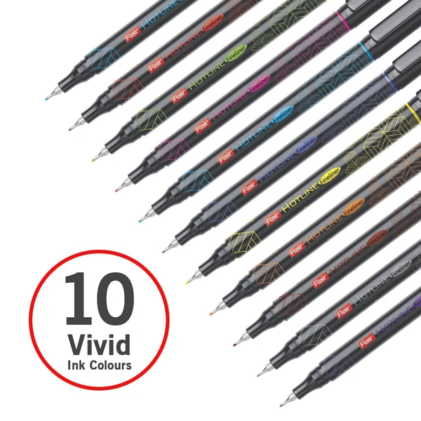 FLAIR Hotline Fineliner Metal Tip Pen | Tip Size 0.7 to 1 mm | Comfortable Grip | Fineliner Pens Set For Mandala, Sketching, Doodling, Journal and Outline | 10 Shades.|color pen