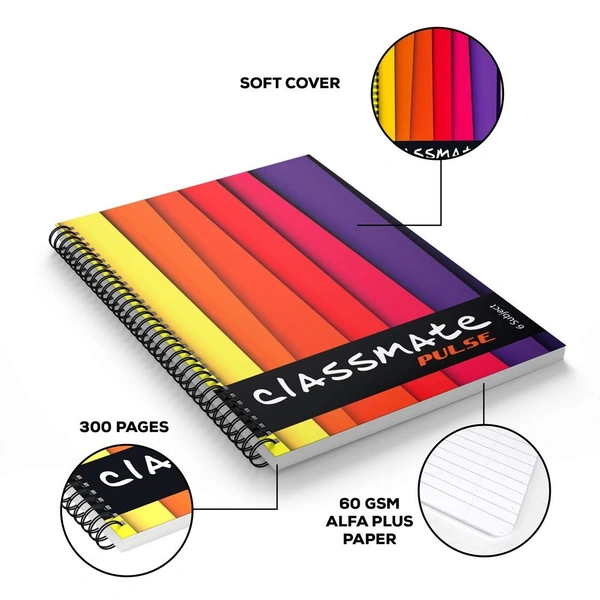 Classmate Pulse Spiral Notebook - Single line, 300 Pages, Wiro, 24cm x 18cm