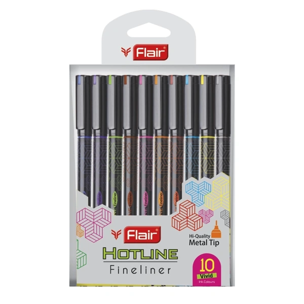 FLAIR Hotline Fineliner Metal Tip Pen | Tip Size 0.7 to 1 mm | Comfortable Grip | Fineliner Pens Set For Mandala, Sketching, Doodling, Journal and Outline | 10 Shades.|color pen