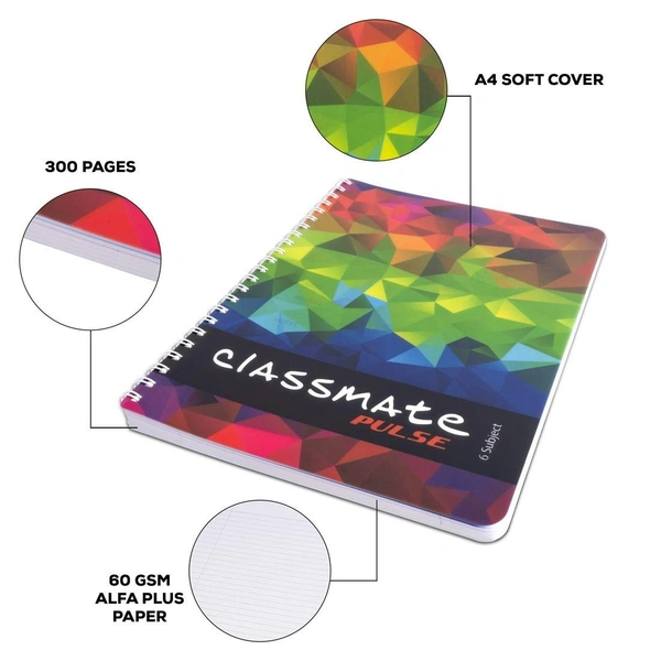 Classmate Pulse 6 Subject Spiral Notebook - Pack of 1 | Single Line | 300 Pages | A4 - 29.7cm x 21.0cm | Attractive Cover Designs | Soft Cover | Notebooks for College Students - A4