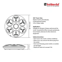 GOLDMEDAL Goldmedal 360 Degree Power Strip (White) – Pack of 1, 6-Outlet International Sockets, 3-pin 2 Meter Cable, Master Switch with LED Light Indicator and Overload Protector for Home & Office