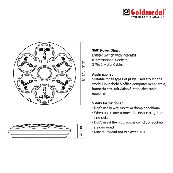 GOLDMEDAL Goldmedal 360 Degree Power Strip (White) – Pack of 1, 6-Outlet International Sockets, 3-pin 2 Meter Cable, Master Switch with LED Light Indicator and Overload Protector for Home & Office