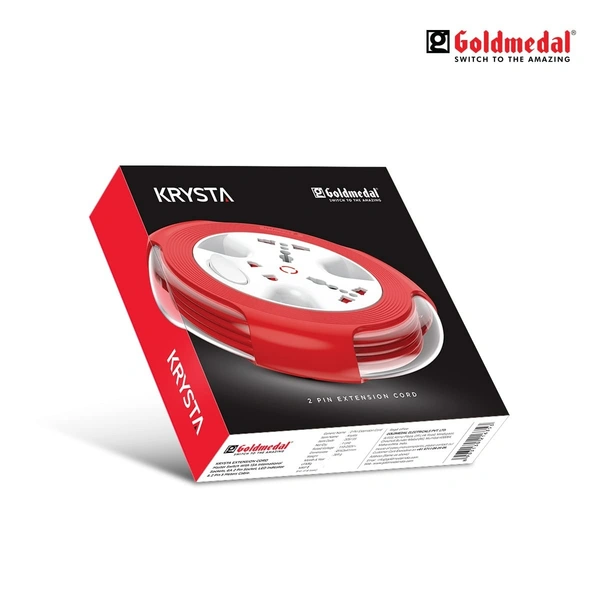 GOLDMEDAL Goldmedal Krysta 2 Pin Extension Cord (White and Red) – Pack of 1, Master Switch with Indicator, Heavy-Duty 5-meter Cable, International Sockets & 2-Pin Socket, Ultra-Smooth Rotation for Home & Office