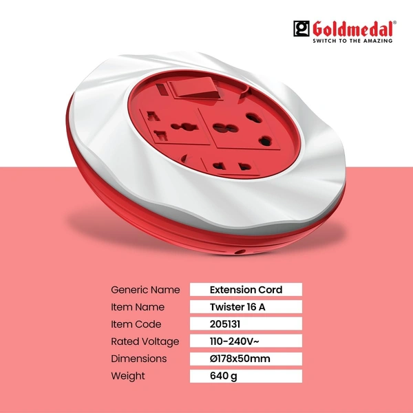 GOLDMEDAL Goldmedal Twister 16A 3-Pin Cable Extension Cord (White and Red) Pack of 1, 3.5-Meter Cable, Master Switch with Indicator, 6/16A Universal Socket, International Socket & 2 Pin Socket,250Volts