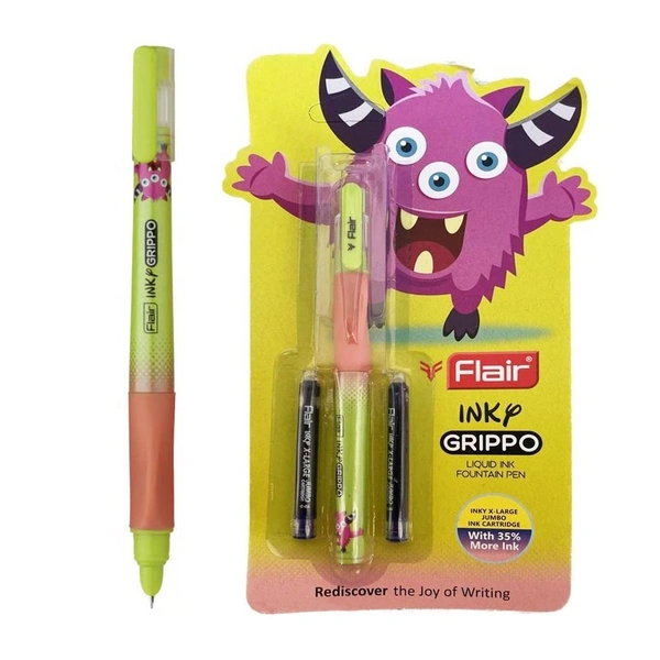 FLAIR Inky Series Grippo Liquid Ink Fountain Pen Blister Pack | Free 2 Pieces X-Large Jumbo Cartridges With Each Pack