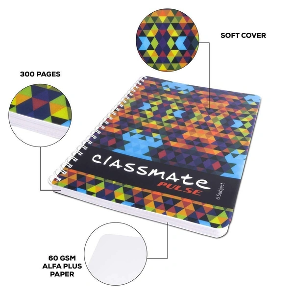 Classmate Pulse 6 Subject Spiral Notebook - Pack of 1 | Unruled | 300 Pages | A4-29.7cm x 21.0cm | Attractive Cover Designs | Soft Cover | Notebooks for College Students - A4