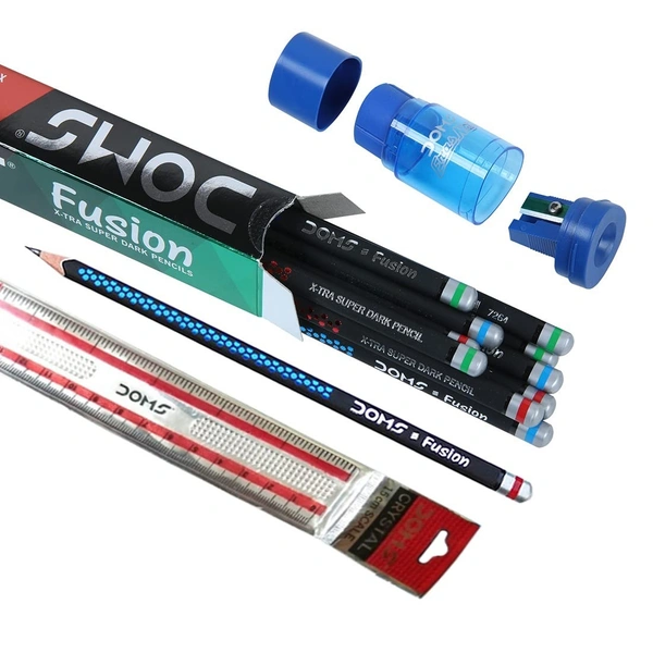 Doms Fusion Xtra Super Dark Pencil Box Pack | Dark & Neat Writing Which Stays Longer | Smooth Sharpning & With Soft & Comfortable Grip | Free Scale & Erasner Inside