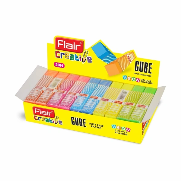 Flair Creative Series Cube Eraser | Neat & Dust Free Erasing | Neon Color Erasers | Stationery Gift Item For Kids & Students | Safe For Children | 5 Different Body Colors 