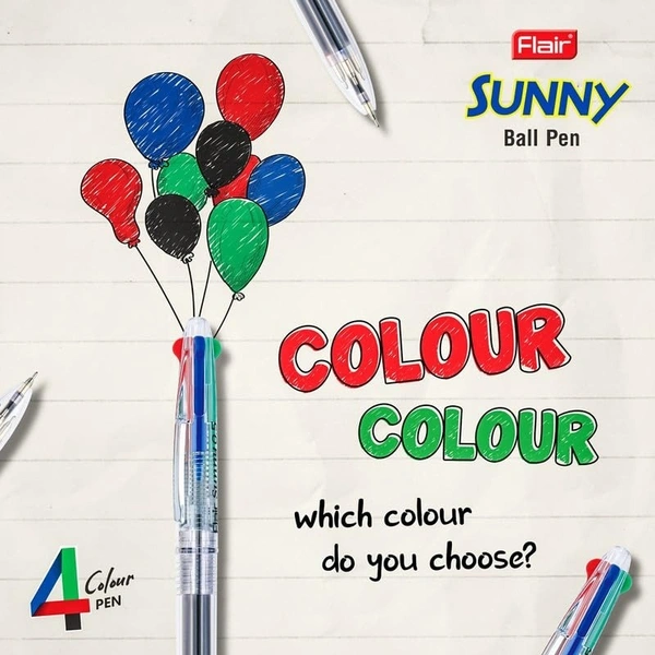 FLAIR Sunny Retractable Ball Pen | Smudge Free | 4 Colors in 1 Pen | Tip Size 0.5 mm | Smooth Writing & Long Lasting Pen | Ball Pen Set For Students