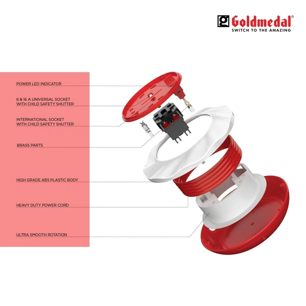 GOLDMEDAL Goldmedal Twister 16A 3-Pin Cable Extension Cord (White and Red) Pack of 1, 3.5-Meter Cable, Master Switch with Indicator, 6/16A Universal Socket, International Socket & 2 Pin Socket,250Volts