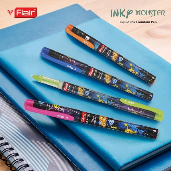 FLAIR Inky Series Monster Liquid Ink Fountain Pen Blister Pack | Rounded Nib With Iridium Tip | Attractive Body | 2 Pieces X-Large Jumbo Cartridges With Each Pack | Blue Ink