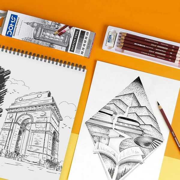 Doms Drawing & Sketching Graphite Pencils - Grade HB, 2B, 4B, 6B, 8B & 10B | Hi Precision For Sketching | Dark & Neat Drawing | Comes With 1 Eraser