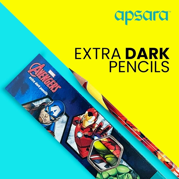 Apsara Marvel Avengers Pencil, Round Body for Strong Grip, Marvel Pencils, Avengers Pencil, Super Fun Pencils for Kids, Easy Sharpening, Extra Dark, Free Sharpener & Eraser (Pack of 10)