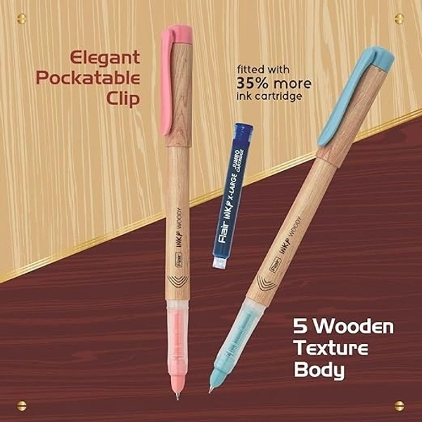 FLAIR Inky Series Woody Fountain Pen | Elegant Pockatable Clip With Aesthetic Wooden Texture Body | Blue Ink
