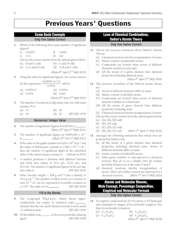 MTG 47 + 23 Years JEE Main (2024-2002) and JEE Advanced (2024-1978) Chapter-wise Topic-wise Previous Years Solved Question Papers Chemistry Book � JEE PYQ Question Bank For 2025 Exam [Paperback] MTG Editorial Board