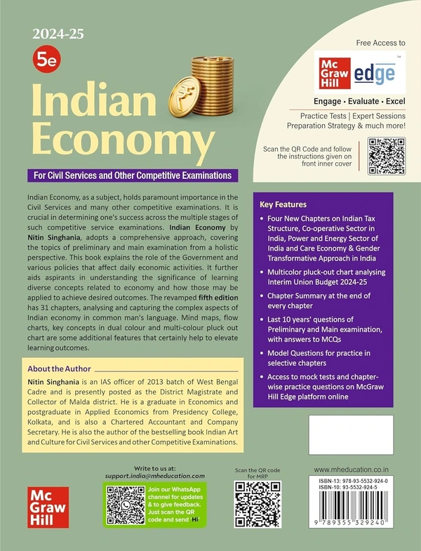 Indian Economy (English) by Nitin Singhania (IAS) for UPSC CSE 2025 | 5th edition (latest) | Civil Services Exam - Prelims, Mains and Interview | State PSCs exams/ PCS exams | Last 10 years' Prelims and Main examinations questions | Multicolor pluck-out chart | Exclusive access to McGraw Hill edge online platform: Chapter-wise practice questions and 2 Full length mock tests