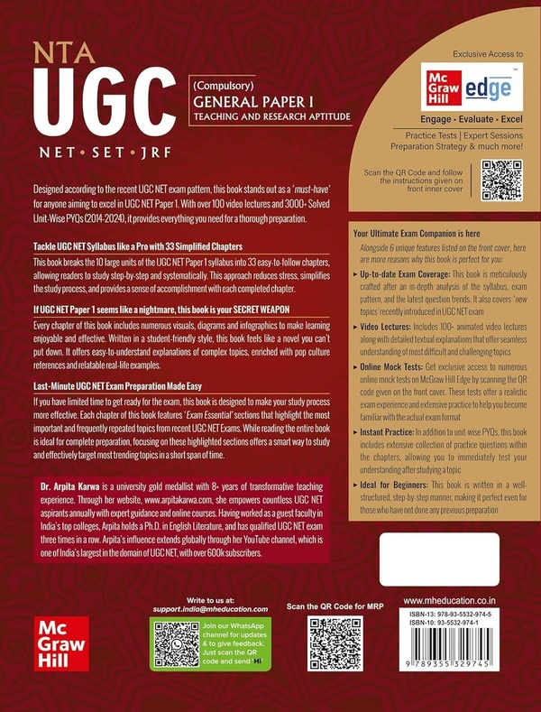NTA UGC NET Paper 1 2025: Teaching & Research Aptitude | 3000+ Practice Questions | Solved Unit-wise Previous Years' Questions (2014 - 2024) PYQs | 100+ Video Lectures, Mind maps & Flowcharts | Online Mock Tests | Exclusive access to McGraw Hill edge online platform: Practice tests, Expert sessions, Preparation strategy and much more
