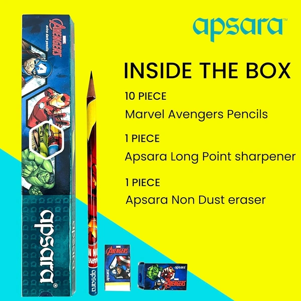Apsara Marvel Avengers Pencil, Round Body for Strong Grip, Marvel Pencils, Avengers Pencil, Super Fun Pencils for Kids, Easy Sharpening, Extra Dark, Free Sharpener & Eraser (Pack of 10)