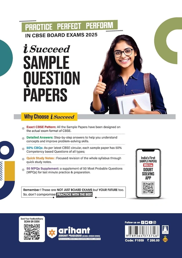Arihant i Succeed 10 Sample Question Papers for Papers Psychology Class 12th | As per latest CBSE Sample Paper issued on 5 Sept. 2024 | 50% CBQs in each paper | Detailed Answers with Step Marking | Fully Solved Latest CBSE Sample Paper For Exam 2025