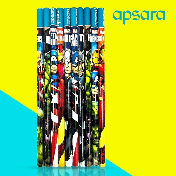 Apsara Marvel Avengers Pencil, Round Body for Strong Grip, Marvel Pencils, Avengers Pencil, Super Fun Pencils for Kids, Easy Sharpening, Extra Dark, Free Sharpener & Eraser (Pack of 10)