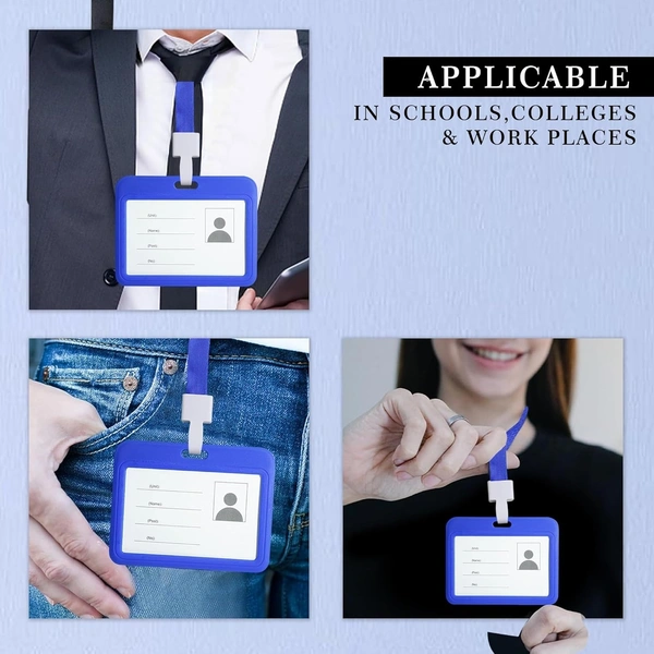 Horizontal Plastic ID Cover Card Holder for Office, School and Colleges (Blue)