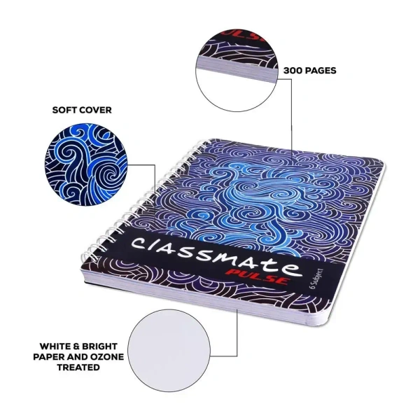Classmate Pulse 6 Subject spiral notebook , 24.0 cm x 18.0 cm, 300 pages, Unruled