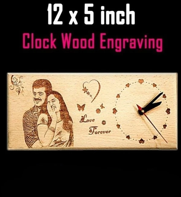 Wooden Engraved Photo Frame with Clock - 12x5" Inch