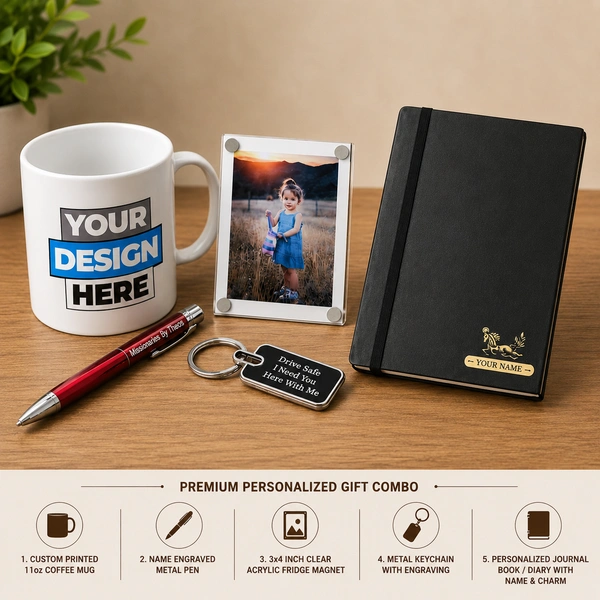 Personalized Corporate Gift Combo Set – includes Mug, Pen, Fridge Magnet, Keychain & Diary