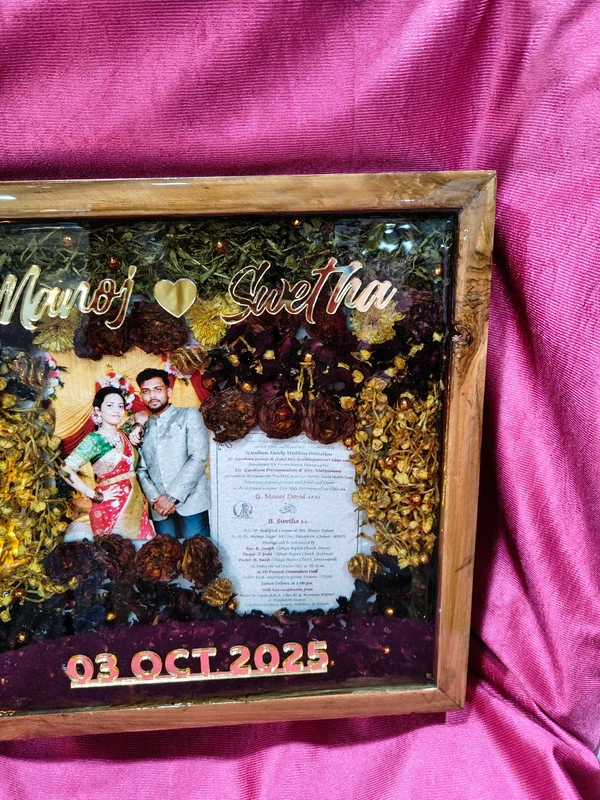 Wooden 1inch Depth box Preserved Wedding garland and Wedding Card