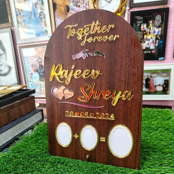 Personalised MDF and Golden Acrylic Wedding thumb print frame (Rectangle Round Head shaped)