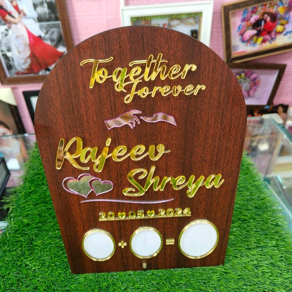 Personalised MDF and Golden Acrylic Wedding thumb print frame (Rectangle Round Head shaped)