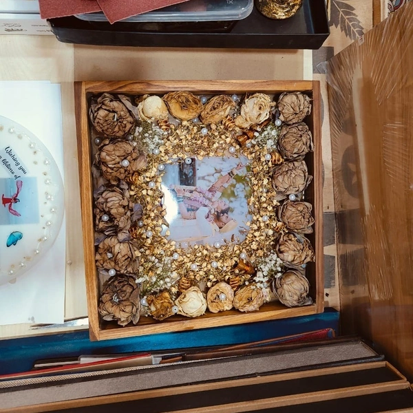 My Album Zone Resin Wooden Box Frame - 12x12" Inch (Lotus, Roses and Jasmine Garlands)
