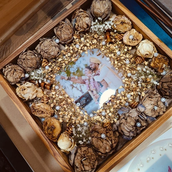 My Album Zone Resin Wooden Box Frame - 12x12" Inch (Lotus, Roses and Jasmine Garlands)