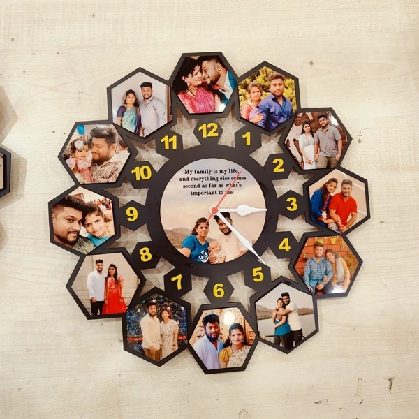 13 Pics With Clock - MDF Wall Collage Frame - Hexa Design