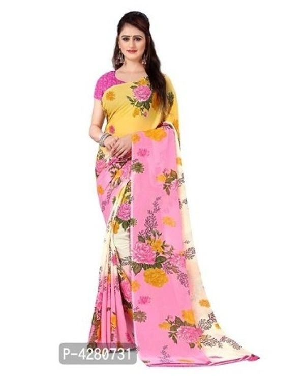 Women's Pink &Yellow Printed Daily Wear Georgatte Saree - Free Home Delivery , Free , Pink with yellow , pack of 1