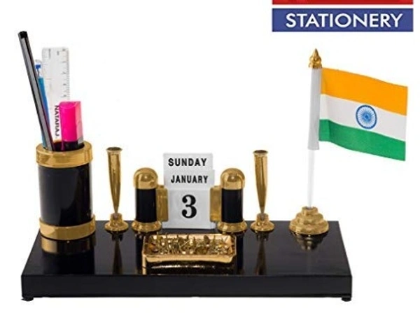 Kebica Decorative Pen Stand with 2 Pen Holder, Calendar and India Flag for Office Table - Free shipping , pack of 1