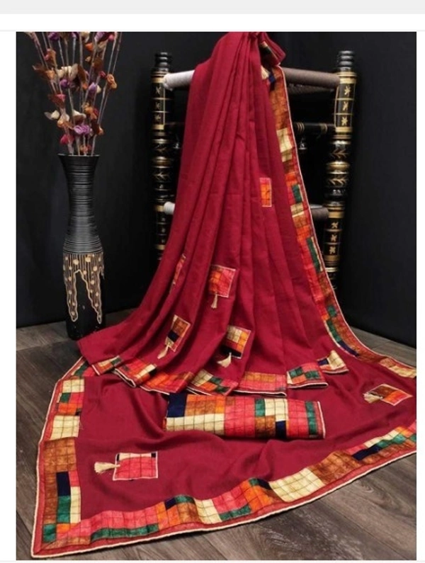 Delicate Solid Embroidered Poly Silk Saree With Lace Border - 8 color available , pack of 1, Free shipping , Free creem 