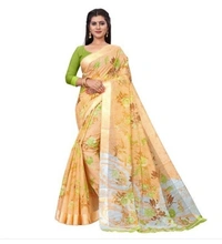 Attractive Printed Cotton Linen Sarees - 7 color available , pack of 1, Free shipping , Free 