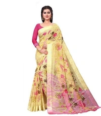 Attractive Printed Cotton Linen Sarees - 7 color available , pack of 1, Free shipping , Free 