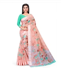Attractive Printed Cotton Linen Sarees - 7 color available , pack of 1, Free shipping , Free 