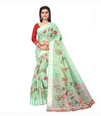 Attractive Printed Cotton Linen Sarees - 7 color available , pack of 1, Free shipping , Free 