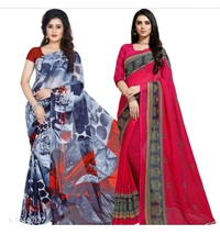Pooja Fashion Printed daily wear Georgette saree with Blouse Piece - 4 color available , pack of 2, Free shipping , Free 