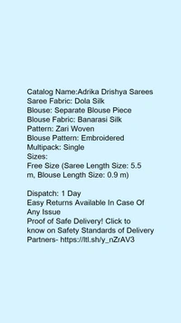 Woman Saree - Adrika Fabulous SareesSaree Fabric: Dola SilkBlouse: Separate Blouse PieceBlouse Fabric: Banarasi Si, 5.5