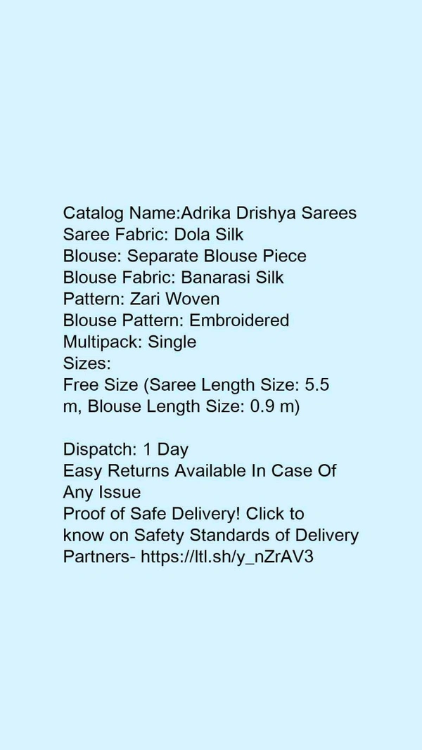 Woman Saree - Adrika Fabulous SareesSaree Fabric: Dola SilkBlouse: Separate Blouse PieceBlouse Fabric: Banarasi Si, 5.5