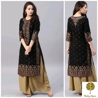 Catalog Name:*Women Rayon A-line Printed Long Kurti With Palazzos*Kurta Fabric: RayonBottomwear Fabric: RayonSleeve Length: Three-Quarter SleevesSet Type: Kurta With BottomwearBottom Type: PalazzosPattern: PrintedMultipack - Catalog Name:*Women Rayon A-line Printed Long Kurti With Palazzos*Kurta Fabric: RayonBottomwear Fabr, S . M. XL .Xx